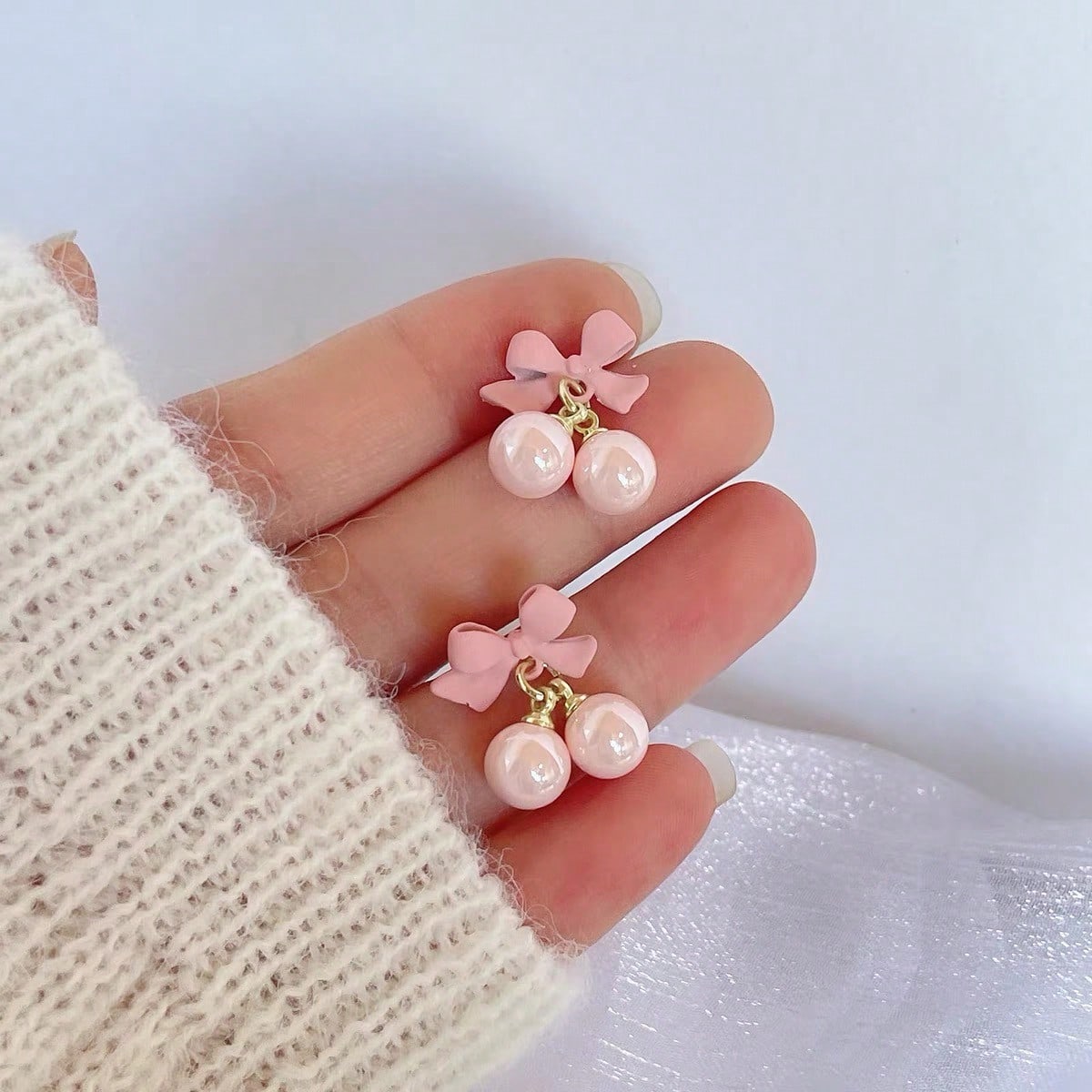 New Sweet Girl Spring Summer Little Fresh Pink Bow Pearl Beads Earrings Fairy Cute Silver Needle Earrings Girl