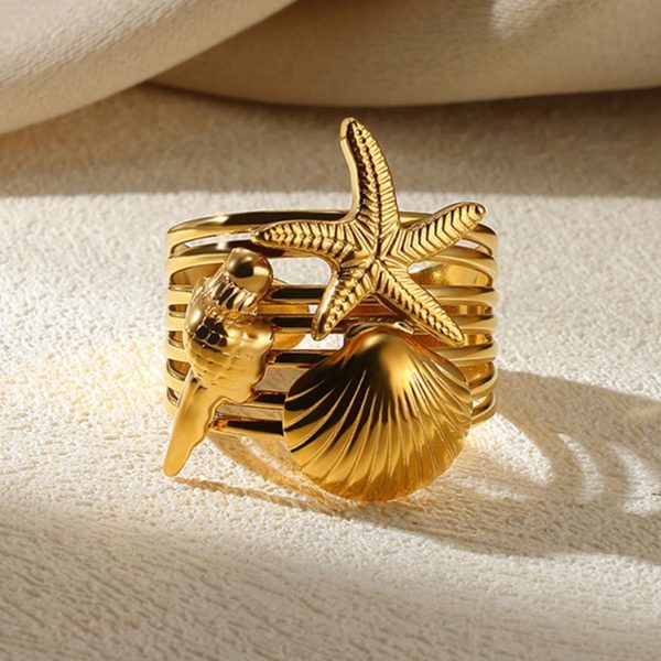 خاتم ستانلس ستيل بتصميم بحري – نجمة بحر وقوقعة – مناسب للنساء