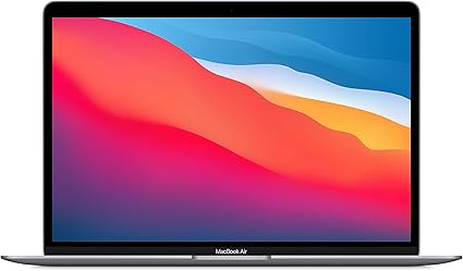 لابتوب Apple MacBook Air موديل 2020: شريحة Apple M1، وشاشة Retina مقاس 13 إنش، وذاكرة RAM سعة 8GB، وقرص SSD سعة 256GB، ولوحة مفاتيح بإضاءة خلفية. يعمل مع iPhone وiPad؛ بلون رمادي فلكي ; انكليزي