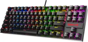 The Redragon K552-RGB Kumara is a compact mechanical gaming keyboard with durable mechanical switches rated for over 50 million keystrokes. It features vibrant RGB backlighting with customizable effects, a sturdy metal alloy frame, and splash-resistant design. With a tenkeyless layout and reliable wired USB connection, it’s perfect for gamers seeking performance, durability, and style in a compact form factor.