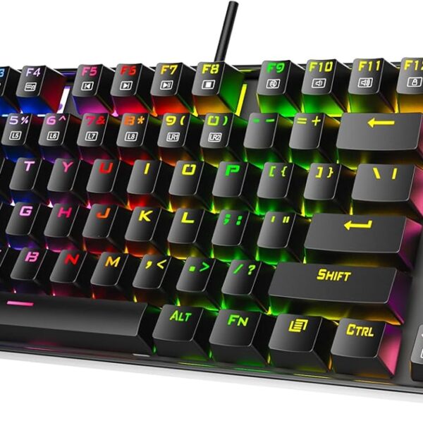 The Redragon K552-RGB Kumara is a compact mechanical gaming keyboard with durable mechanical switches rated for over 50 million keystrokes. It features vibrant RGB backlighting with customizable effects, a sturdy metal alloy frame, and splash-resistant design. With a tenkeyless layout and reliable wired USB connection, it’s perfect for gamers seeking performance, durability, and style in a compact form factor.