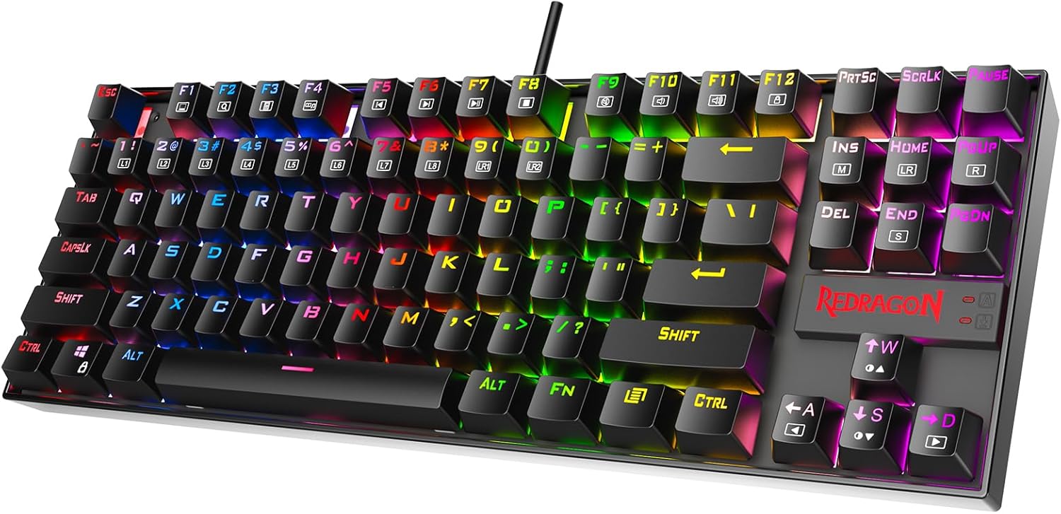 71lQnVCMmXL._AC_SL1500_ The Redragon K552-RGB Kumara is a compact mechanical gaming keyboard with durable mechanical switches rated for over 50 million keystrokes. It features vibrant RGB backlighting with customizable effects, a sturdy metal alloy frame, and splash-resistant design. With a tenkeyless layout and reliable wired USB connection, it’s perfect for gamers seeking performance, durability, and style in a compact form factor.