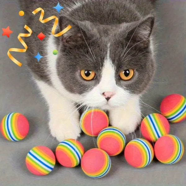 ألعاب قطط EVA قوس قزح صلبة - كرات مضغ صامتة مقاومة للخدش والعض بتصميم مخطط ملون للعب داخلي/خارجي - لوازم متينة للقطط والكلاب الصغيرة