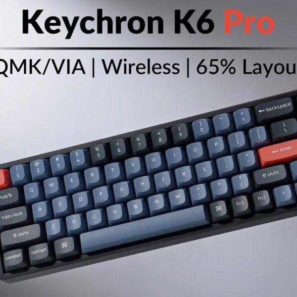 لوحة Keychron K6 Pro Wireless هي لوحة مفاتيح ميكانيكية مدمجة بنسبة 65% تدعم التوصيل اللاسلكي والسلكي، وتتميز بمفاتيح Keychron K Pro Brown الهادئة، ودعم برمجة QMK/VIA لتخصيص كل مفتاح. قابلة للتبديل السريع للمفاتيح (Hot-Swappable) وتعمل مع أنظمة Mac وWindows وLinux، مع إضاءة RGB جذابة وتصميم عملي يناسب العمل واللعب.