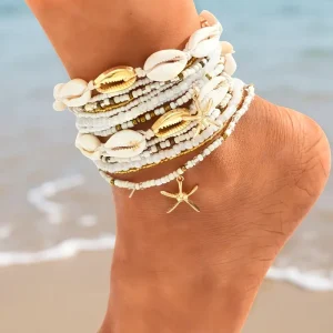 طقم أساور الكاحل البوهيمية المكون من 14 قطعة مع سحر نجم البحر ولمسات الصدف، أساور كاحل متعددة الطبقات بأسلوب الشاطئ للنساء للارتداء اليومي، الحفلات، والعطلات العادية، أساور الكاحل العادية|أسورة الكاحل بأسلوب بوهيمي|فواصل ذهبية