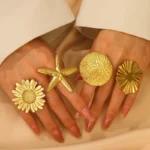 خواتم ذهبية نسائية عتيقة بتصميم مفتوح، فولاذ مقاوم للصدأ