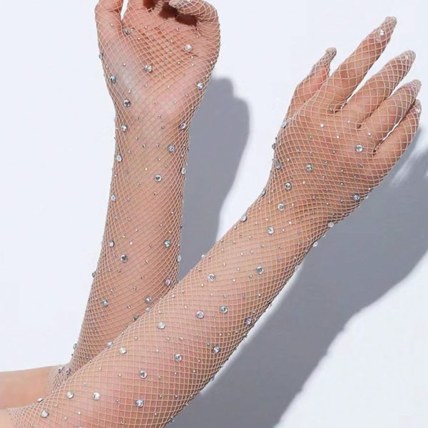 قفازات نسائية لامعة من الشبك للرقص والسهرات والهالوين، تصميم شبكي أنيق