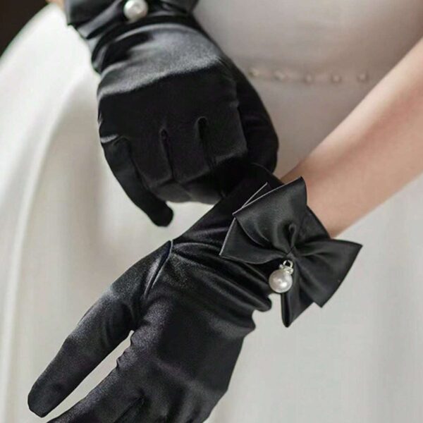 قفازات ساتان نسائية مزينة بلؤلؤ وفيونكة للزفاف والسهرات