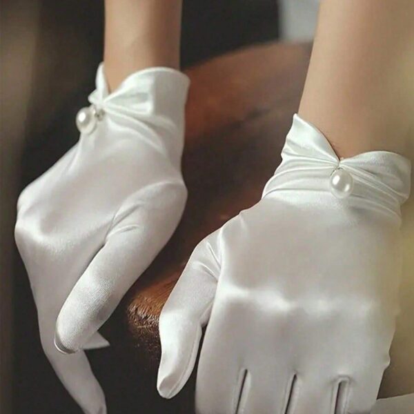 قفازات ساتان نسائية قصيرة بلؤلؤ صناعي، أنيقة للزفاف والحفلات والهالوين