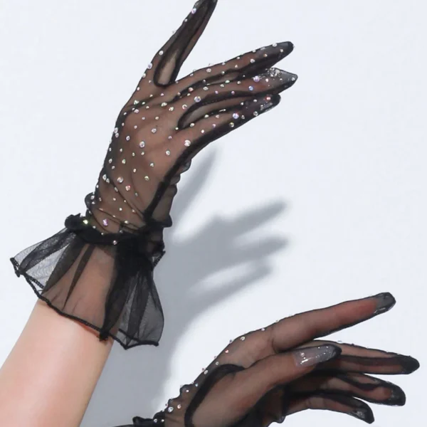 قفازات شيفون نسائية رفيعة مزينة بالأحجار للزفاف والحفلات