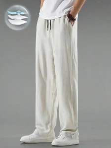 بنطال رجالي بلون سادة بخصر مطاطي ورباط، تصميم ساق مستقيمة من Manfinity Hypemode، مناسب للإطلالات اليومية، المنزل، التنقل، والخروجات الكاجوال 1 1732273154e55051c2759f59aa7c329625b7d54a5e