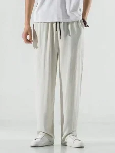 بنطال رجالي بلون سادة بخصر مطاطي ورباط، تصميم ساق مستقيمة من Manfinity Hypemode، مناسب للإطلالات اليومية، المنزل، التنقل، والخروجات الكاجوال 3 17322731638c7692a089f8366513c06c7ff32175af