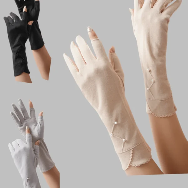 قفازات نسائية طويلة بدون أصابع مزينة باللؤلؤ