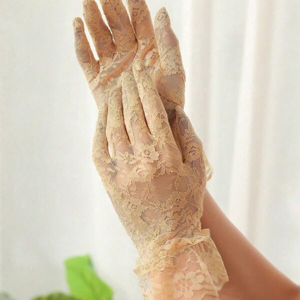 قفازات دانتيل نسائية بيج قصيرة للزفاف، إكسسوار أنثوي أنيق للعروس