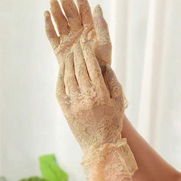 قفازات دانتيل نسائية بيج قصيرة للزفاف، إكسسوار أنثوي أنيق للعروس