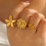 طقم خواتم نسائية بتصميم قلوب وزهور من الستانلس ستيل، أنيقة ومثالية كهدية