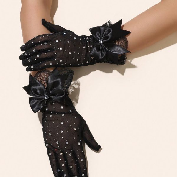 قفازات دانتيل نسائية قصيرة بكريستالات وفيونكة، مثالية لحفلات الزفاف والمناسبات