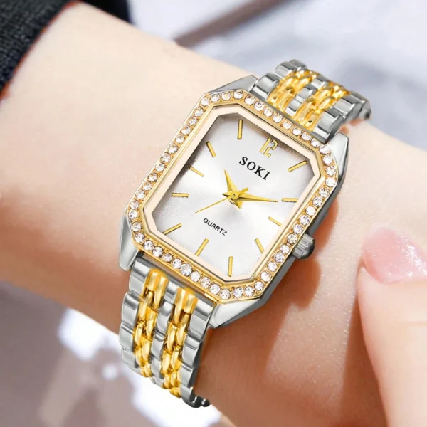 💎 ساعة يد نسائية فاخرة – تصميم مربع مرصع بالكريستال مع سوار ستانلس ستيل ذهبي | ساعة كوارتز أنيقة وعصرية