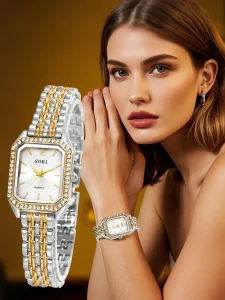 💎 ساعة يد نسائية فاخرة – تصميم مربع مرصع بالكريستال مع سوار ستانلس ستيل ذهبي | ساعة كوارتز أنيقة وعصرية 6 1746601060f3d294a0027a68055b279a369109be58