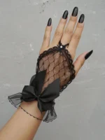 قفازات دانتيل نسائية قصيرة للعروس بإصبع مكشوف وربطة