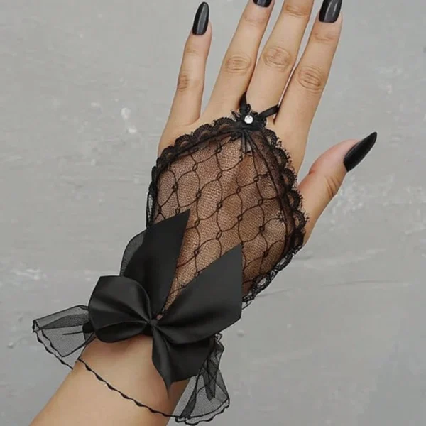 قفازات دانتيل نسائية قصيرة للعروس بإصبع مكشوف وربطة