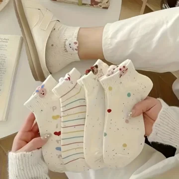 جوارب نسائية بطابع أرنب ونقاط باستيل، 5 أزواج