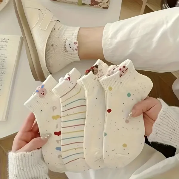 جوارب نسائية بطابع أرنب ونقاط باستيل، 5 أزواج