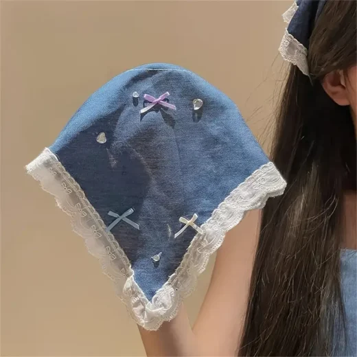 رباط رأس نسائي صيفي، دنيم أزرق ودانتيل بربطة أنيقة