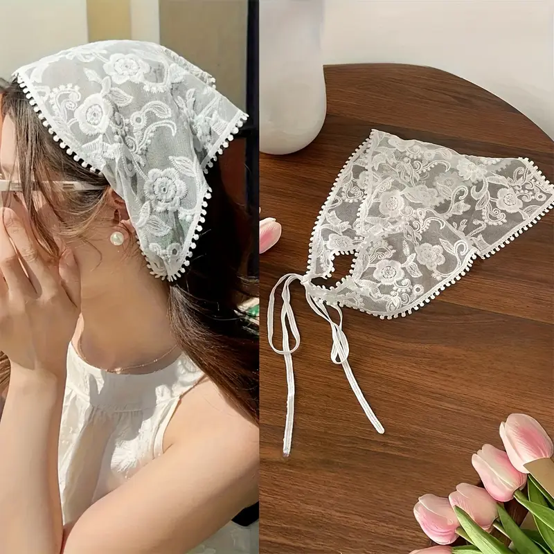 شريطة رأس مثلث بيضاء نسائية بنقشة زهرية، تصميم فرنسي أنثوي للعطلات والإطلالات اليومية شريطة رأس مثلث بيضاء نسائية بنقشة زهرية، تصميم فرنسي أنثوي