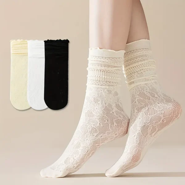 جوارب دانتيل نسائية كاحل بألوان باستيل، طقم 3 أزواج بنقشة زهرية