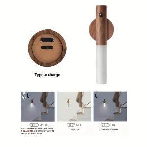 لمبة ليلية حساسة للحركة بشحن USB، مصباح مغناطيسي خشبي للخزائن والممرات، تضيء تلقائيًا عند استشعار الحركة، مثالية للظلام 4 5a357045 3338 48e2 ba36 a78038230a08