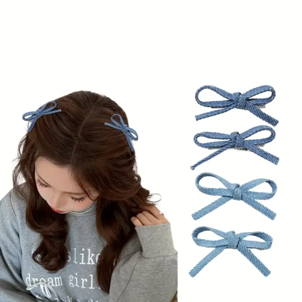 مشابك شعر فيونكة دينيم زرقاء، طقم 4 قطع عصرية للفتيات والنساء، تصميم عصري