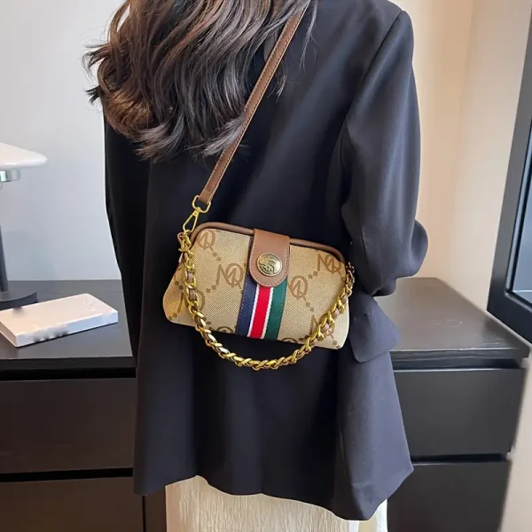 حقيبة يد نسائية عتيقة بتطريز ذهبي، تصميم مخطط بيج وأبيض مع حزام كتف قابل للتعديل