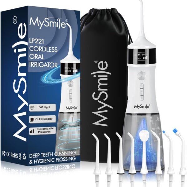 ماي سمايل جهاز تنظيف الاسنان بالماء اللاسلكي LP221 UVC قابل للتعقيم 335 مل بشاشة OLED محمول مع 4 اوضاع و8 رؤوس نفاثة