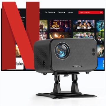 جهاز عرض ذكي صغير 4K بنظام أندرويد – 30000 لومن، واي فاي وبلوتوث، صوت ستيريو ثلاثي الأبعاد، مع حامل دوار 360° للمنزل والهواء الطلق