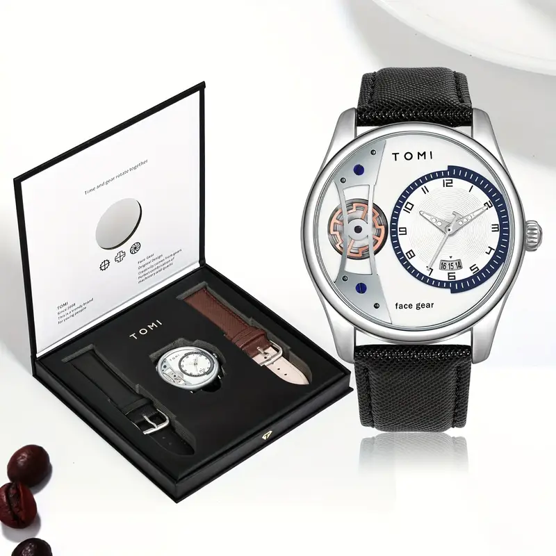 ساعة رجالية TOMI بتصميم التروس وسوار قابل للتبديل، ساعة هدية فاخرة للاستخدام اليومي والمناسبات ساعة رجالية TOMI بتصميم التروس وسوار قابل للتبديل