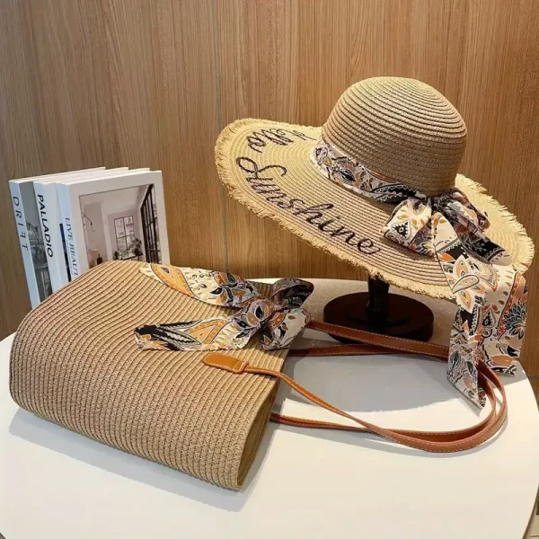 طقم قبعة وحقيبة قش نسائية صيفية