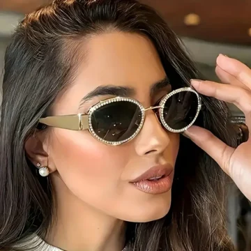 نظارات شمسية نسائية بيضاوية معدنية، تصميم كلاسيكي أنيق يناسب جميع المواسم