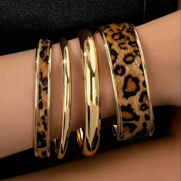 طقم أساور نسائية بنقشة فهد، إكسسوارات بانك عتيقة قابلة للتكديس بلمسة يدوية