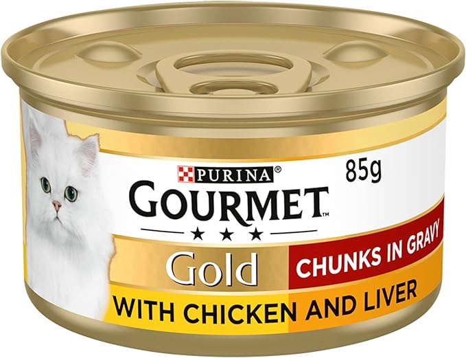 Gourmet Gold Chicken & Liver in Gravy 12 x 85g، طعام جورميه جولد للقطط، دجاج وكبد في صوص لذيذ، 12 × 85 جم Gourmet Gold Chicken & Liver in Gravy 12 x 85g، طعام جورميه جولد