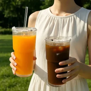 كوب زجاجي مخطط بغطاء وقشة، سعة 600 مل للمشروبات الساخنة والباردة، مثالي للاستخدام المنزلي، في المكتب، أو أثناء السفر 2 7b0346d3 0174 4044 a056 acafe3414eca