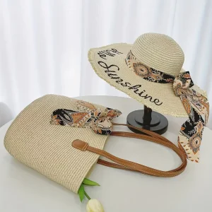 طقم قبعة وحقيبة قش نسائية صيفية، حقيبة كبيرة وقبعة شاطئية بتصميم فرنسي مثالي للبحر أو السفر 4 8a491642 0647 4bf0 87ee 13f11bde74e8