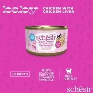 Schesir Baby Chicken in broth 70g in can، طعام شيسير للقطط الصغيرة بأطعمة متنوعة، دجاج طبيعي مع كبد دجاج في مرق، 70 جم 3 OIP 1