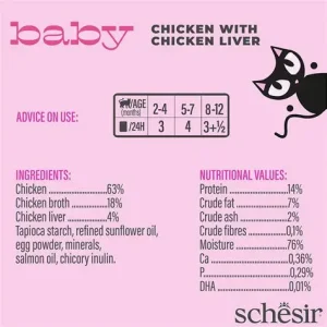 Schesir Baby Chicken in broth 70g in can، طعام شيسير للقطط الصغيرة بأطعمة متنوعة، دجاج طبيعي مع كبد دجاج في مرق، 70 جم 4 OIP