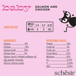Schesir Baby Chicken in broth 70g in can، طعام شيسير للقطط الصغيرة بأطعمة متنوعة، دجاج طبيعي مع كبد دجاج في مرق، 70 جم 8 SalmonandChicken2