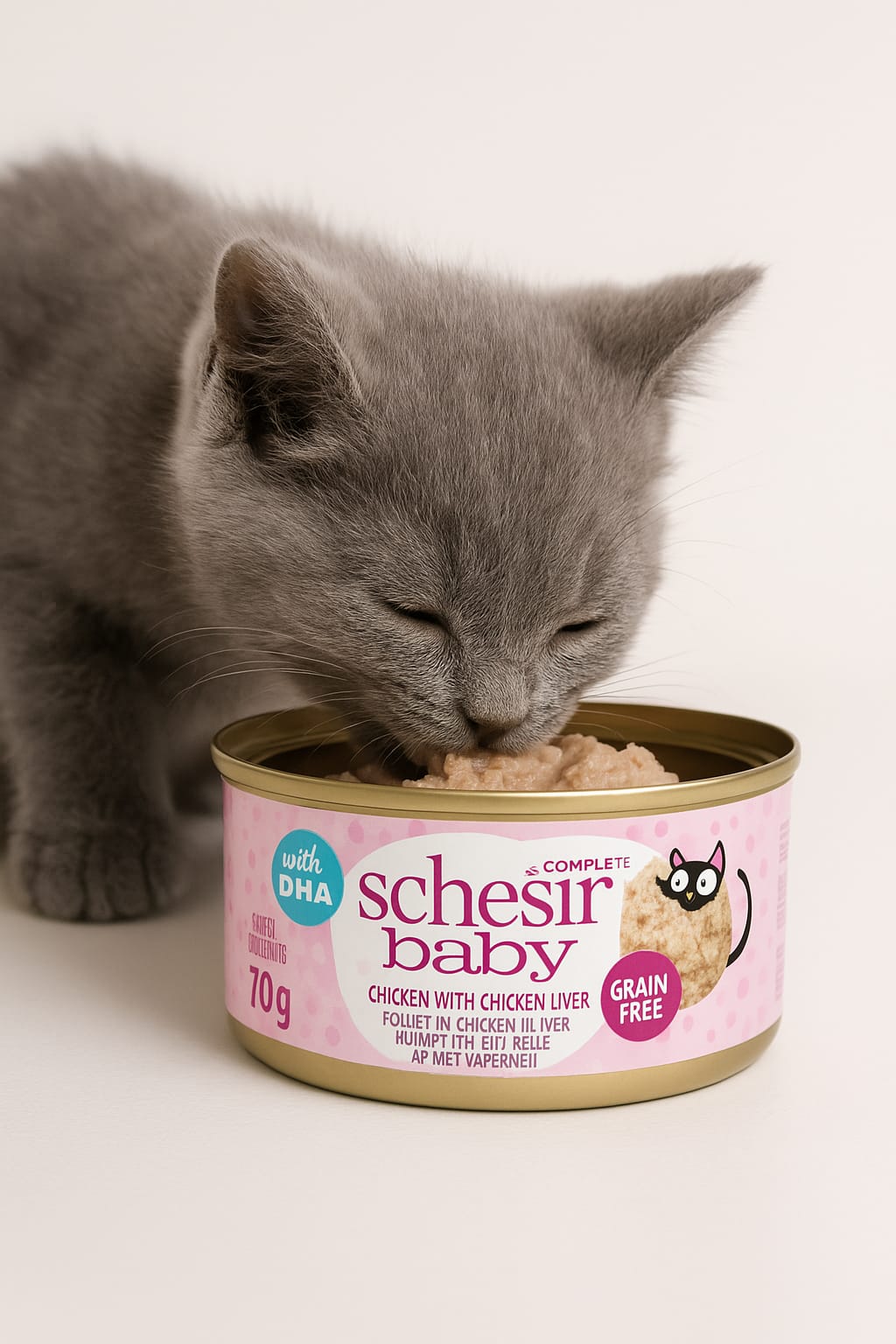 Schesir Baby Chicken in broth 70g in can، طعام شيسير للقطط الصغيرة بأطعمة متنوعة، دجاج طبيعي مع كبد دجاج في مرق، 70 جم Schesir Baby Chicken in broth 70g in can، طعام شيسير للقطط الصغيرة بأطعمة متنوعة