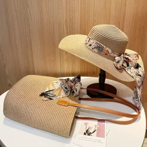 طقم قبعة وحقيبة قش نسائية صيفية، حقيبة كبيرة وقبعة شاطئية بتصميم فرنسي مثالي للبحر أو السفر 6 b53bc3b4 0938 46ec 8a8c 7aada0a06980