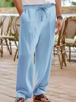 بنطلون كتان رجالي مريح بخامة قابلة للتنفس مع خصر برباط