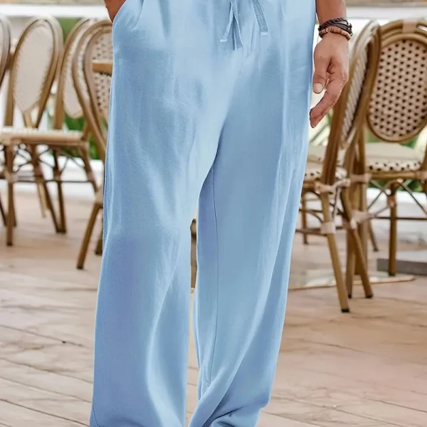 بنطلون كتان رجالي مريح بخامة قابلة للتنفس مع خصر برباط