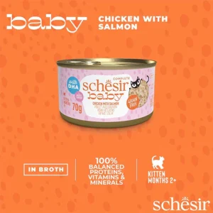 Schesir Baby Chicken in broth 70g in can، طعام شيسير للقطط الصغيرة بأطعمة متنوعة، دجاج طبيعي مع كبد دجاج في مرق، 70 جم 9 schesir baby chicken with salmon for kittens 70g 637707